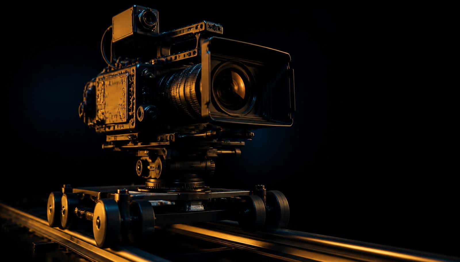 Cinema camera on a dolly track lit with warm gold and cool blue light