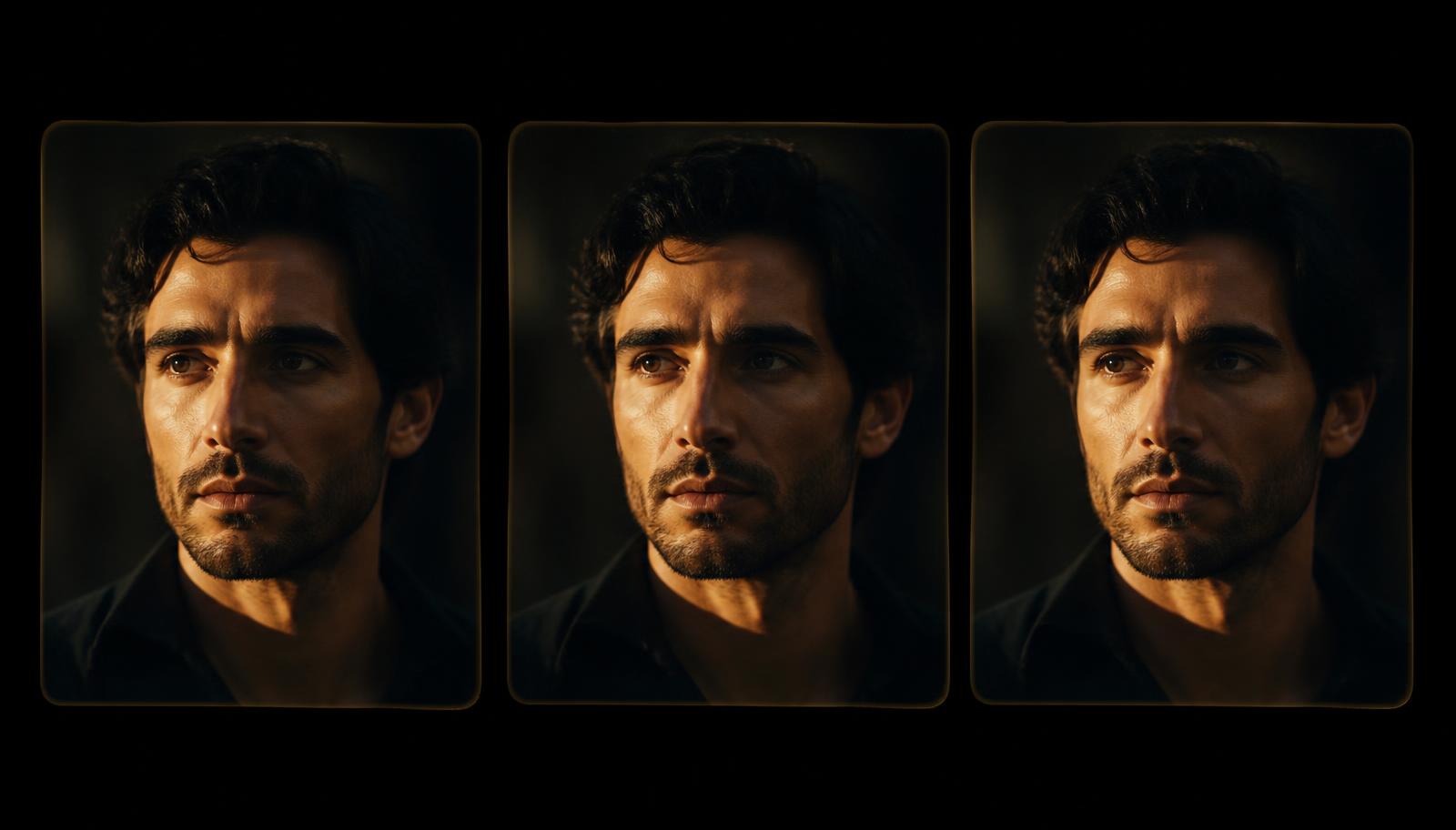 Three identical film frames of the same actor side by side