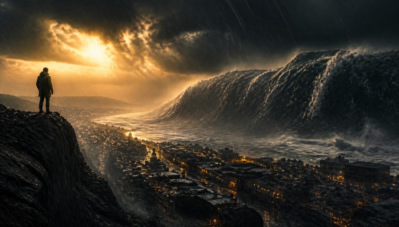 Storm-lit coastal city facing a towering wave at dusk