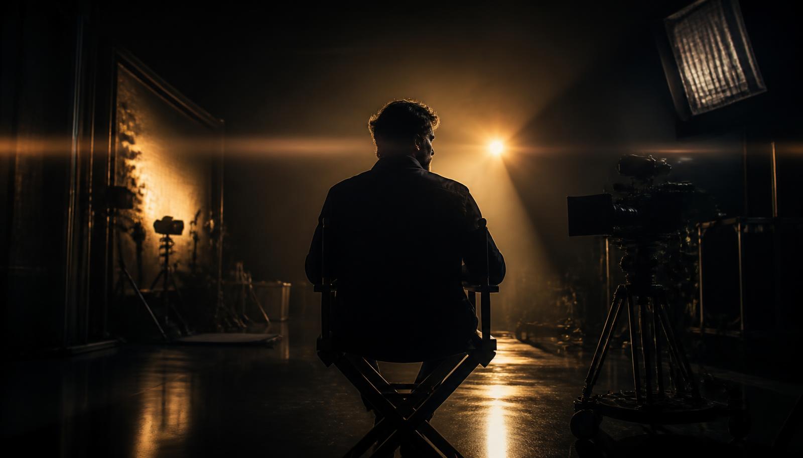 Director silhouette in a dark studio lit by warm gold light