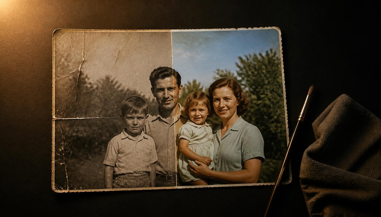 Faded family photograph half restored into colour on a dark surface