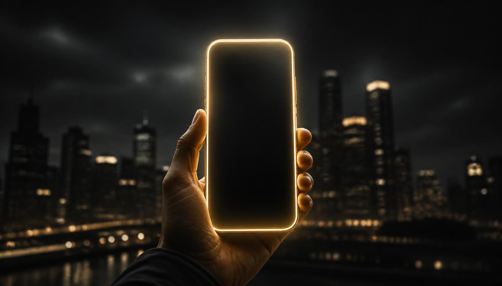 Glowing vertical phone frame held against a dark night cityscape