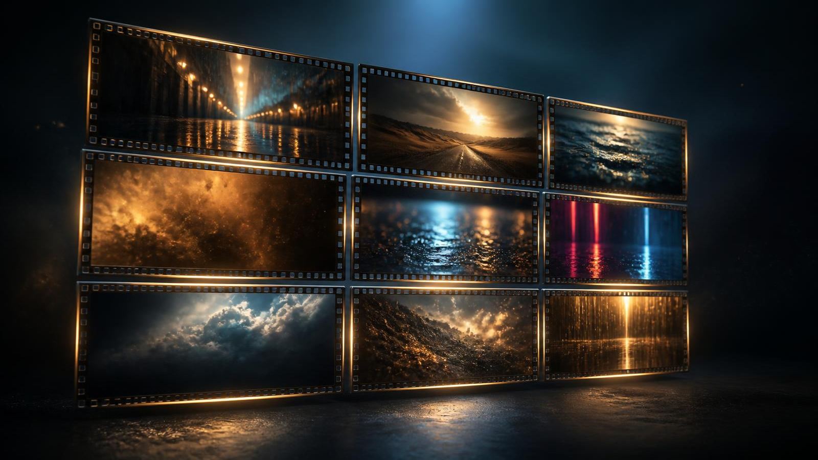 A grid of illuminated film frames in a dark studio, each showing a different cinematic scene