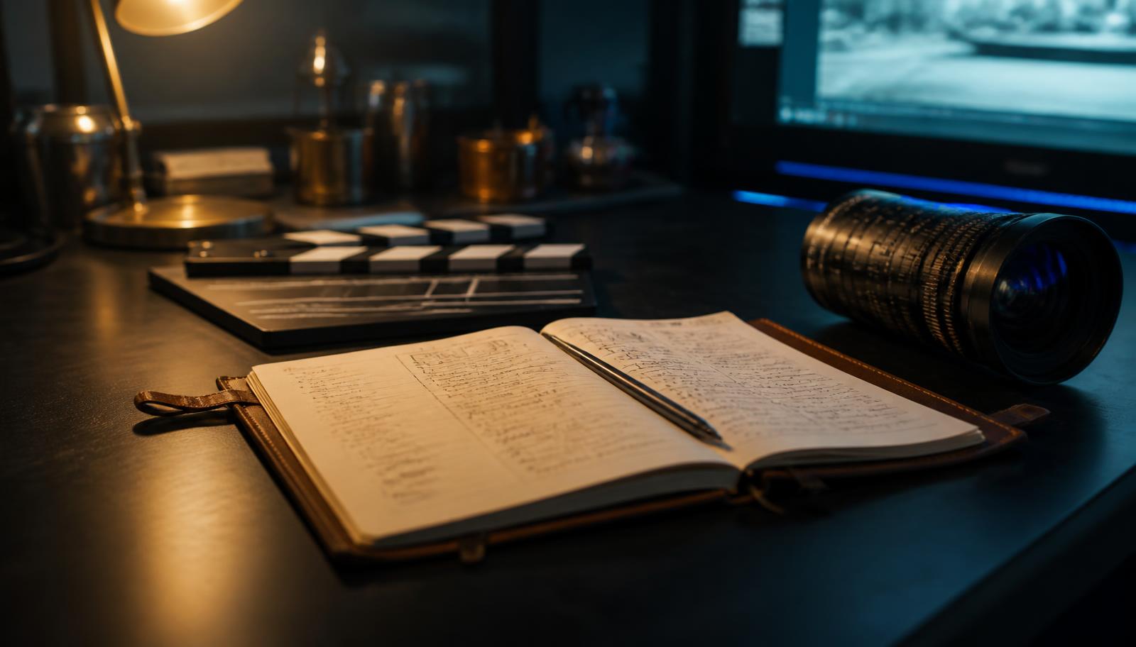 A film director's notebook open on a matte black desk beside a clapperboard and cinema lens under warm gold light